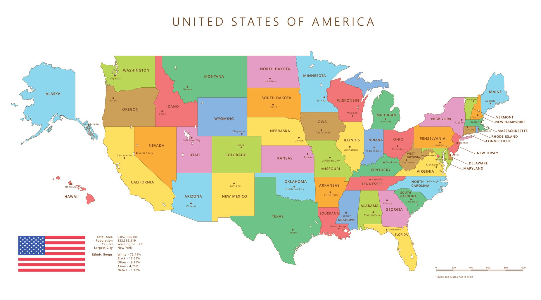 Silhouette and colored united states map with names and capitals background